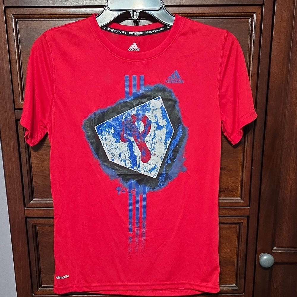 Adidas Authentic Philadelphia Phillies Baseball Red And Blur Tshirt Boys M 10/12